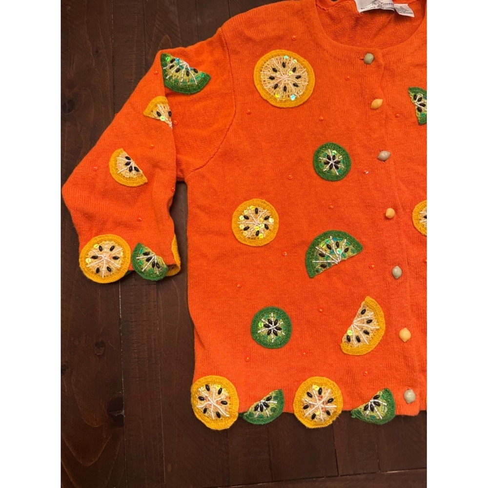 Design Options Womens Citrus Sweater Cardigan Lemon Lime Beaded Sequin Sz XL